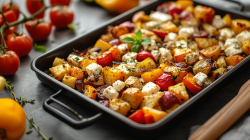 Herbstliches Ofengemüse mit Feta auf einem Blech.