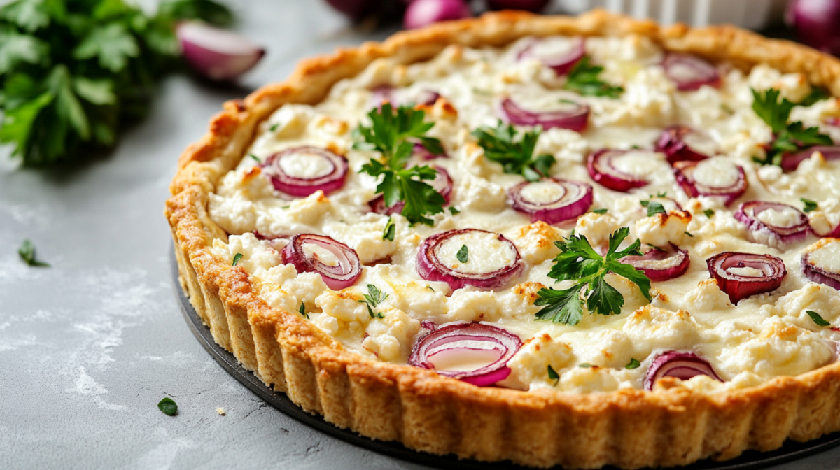 HÃ¼ttenkÃ¤se-Zwiebel-Tarte auf einem Tisch