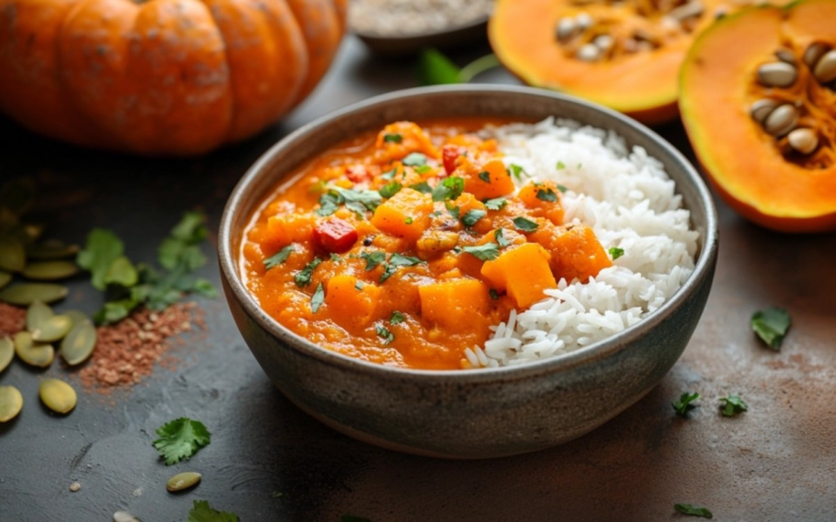 Indisches KÃ¼rbis-Curry mit Reis in einer Schale. Im Hintergrund sind KÃ¼rbisse zu sehen.