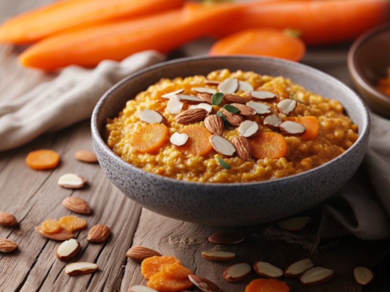 Eine SchÃ¼ssel Karotten-Porridge. Drumherum frische Zutaten.