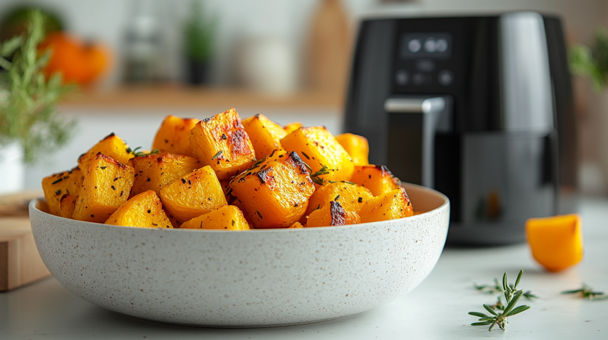 Eine SchÃ¼ssel KÃ¼rbis aus dem Airfryer, dahinter unscharf zu erkennen eine HeiÃŸluftfritteuse.