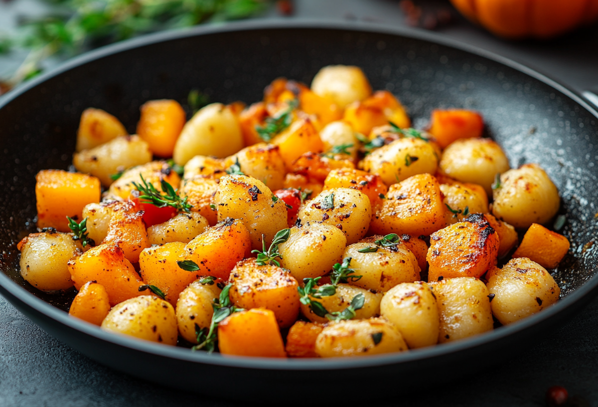 KÃ¼rbis-Gnocchi-Pfanne mi KrÃ¤utern in einer Pfanne.