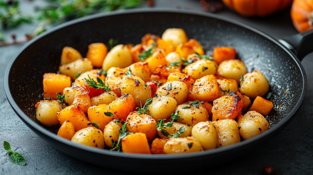 KÃ¼rbis-Gnocchi-Pfanne mi KrÃ¤utern in einer Pfanne.