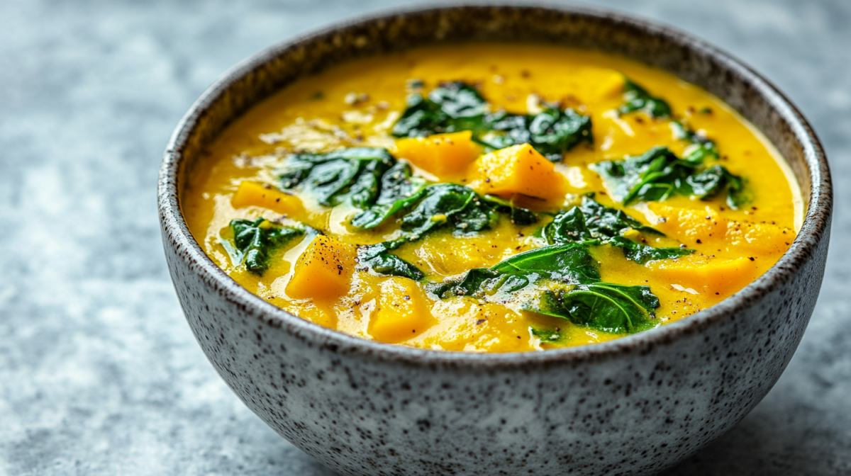 eine SchÃ¼ssel KÃ¼rbis-Wirsing-Curry. Nahaufnahme.