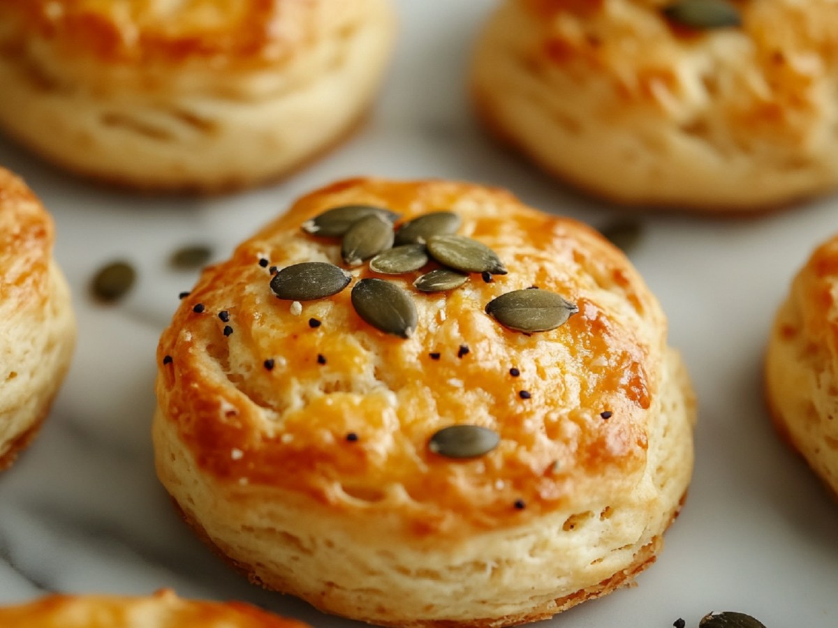 KÃ¼rbis-KÃ¤se-Scones mit KÃ¼rbiskernen auf einem Tisch