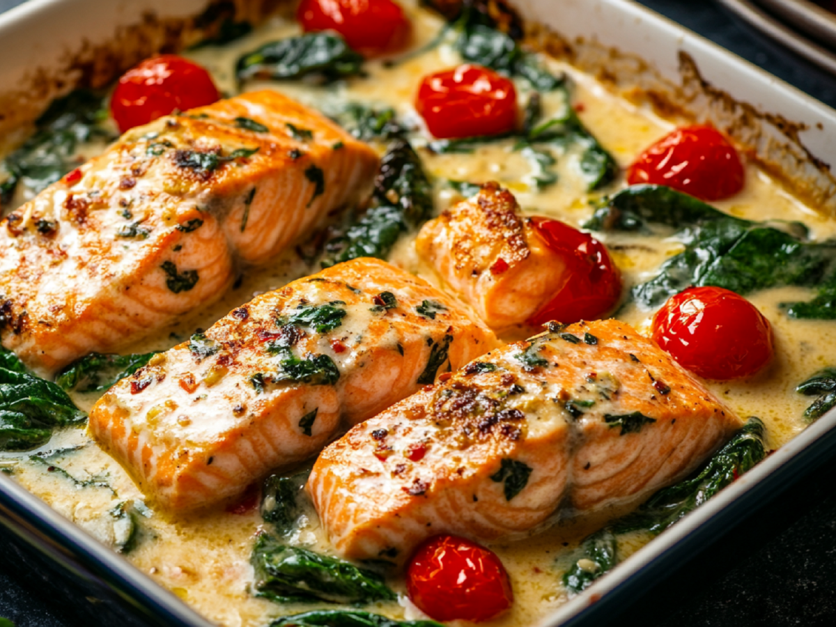 Ofenlachs mit Spinat und Tomaten: schnelle FeierabendkÃ¼che