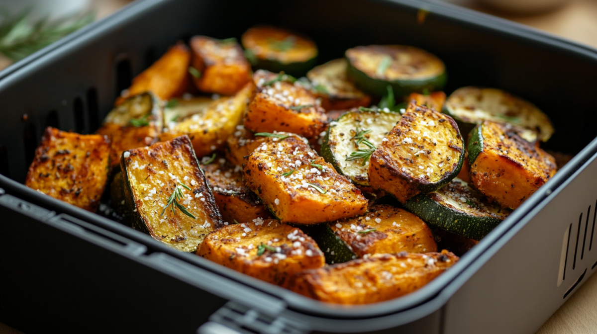 Parmesan-GemÃ¼se aus dem Airfryer mit KrÃ¤utern garniert, Nahaufnahme.