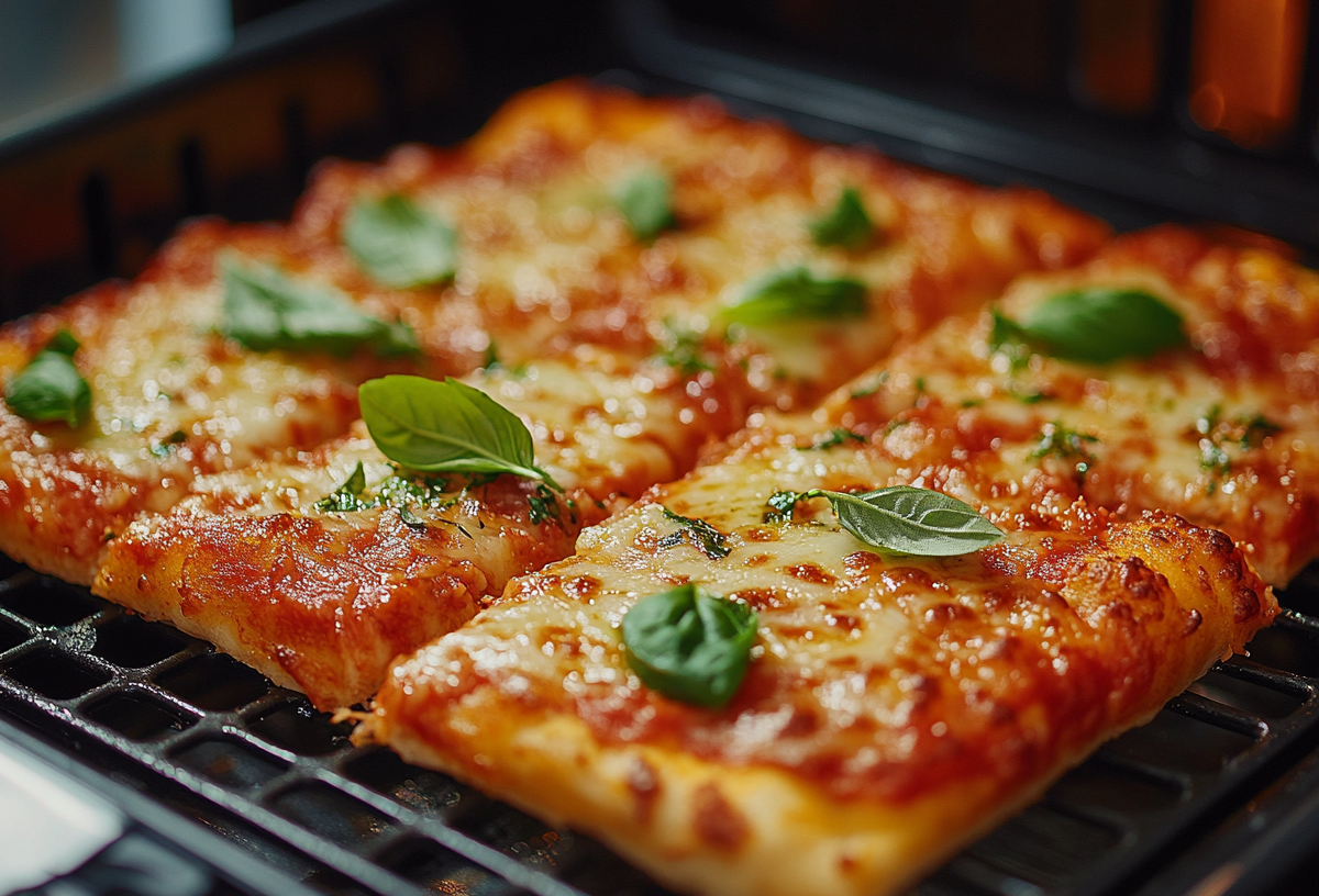 In Stücke geschnittene Pizza aus dem Airfryer, belegt mit Käse und Basilikum.