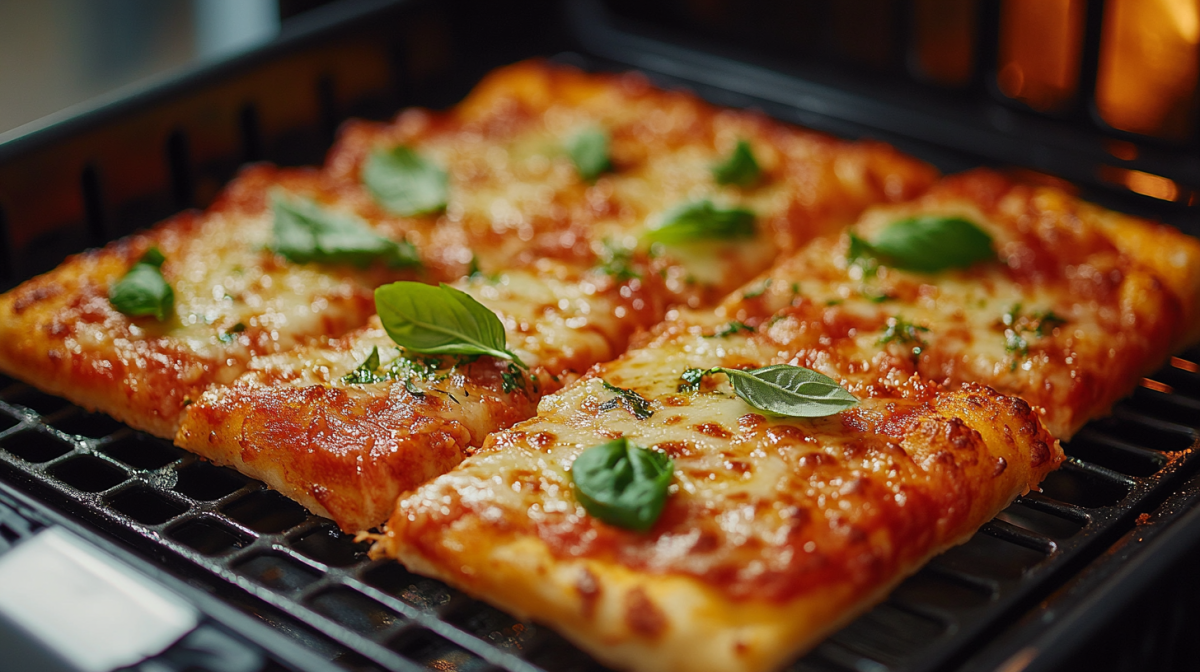 In StÃ¼cke geschnittene Pizza aus dem Airfryer, belegt mit KÃ¤se und Basilikum.