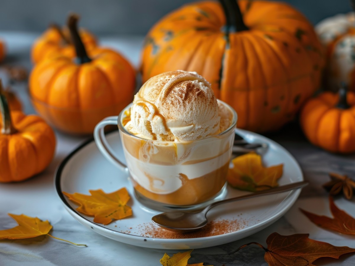 Eine Tasse Pumpkin Spice Affogato, KÃ¼rbisse daneben