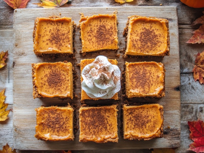 Neun StÃ¼cke Pumpkin Spice Latte Kuchen in der Draufsicht.