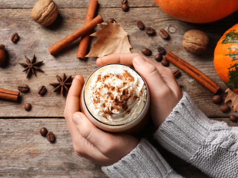 Pumpkin Spice selber machen: Eine Frau hält eine Tasse Kaffe mit Pumpkin Spice in den Händen. Drumherum liegen Zutaten.