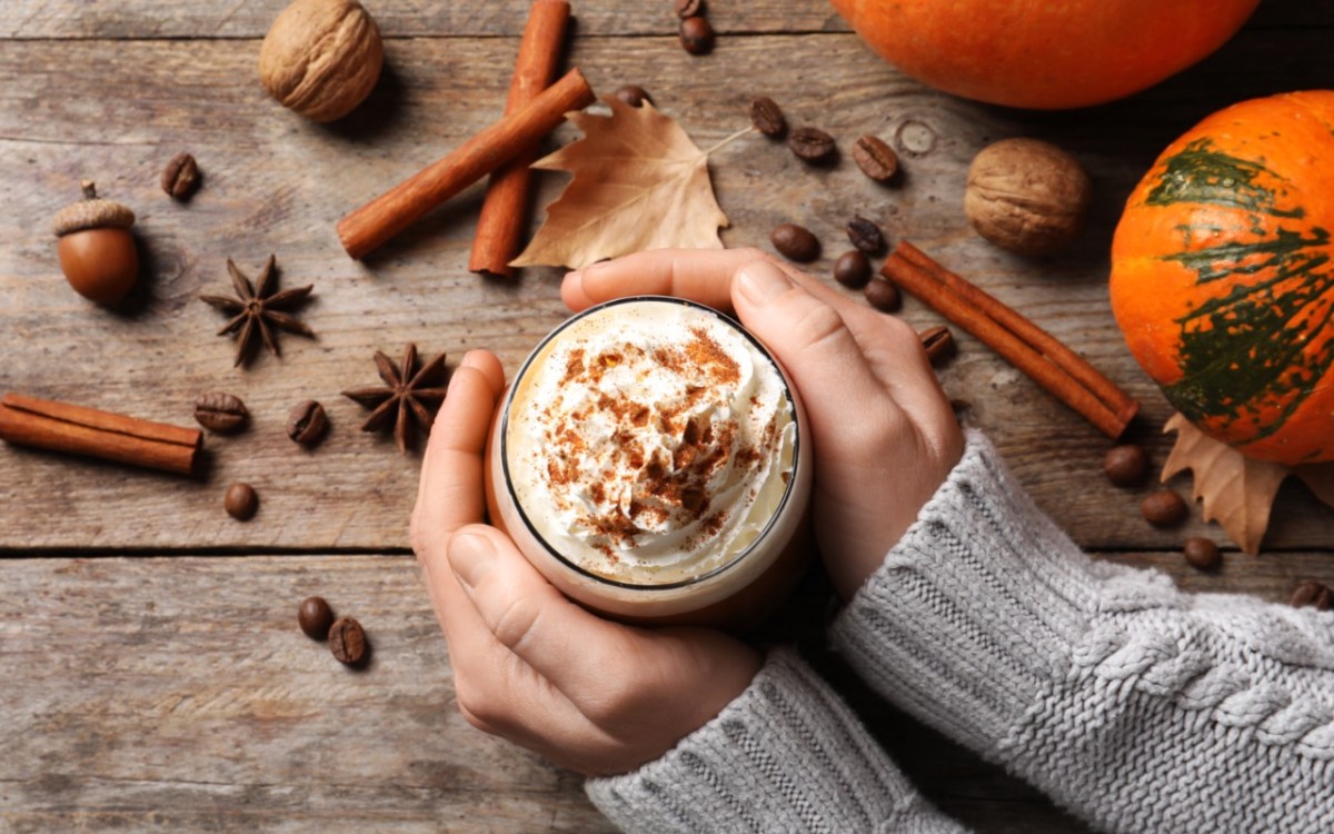 Pumpkin Spice selber machen: Eine Frau hÃ¤lt eine Tasse Kaffe mit Pumpkin Spice in den HÃ¤nden. Drumherum liegen Zutaten.