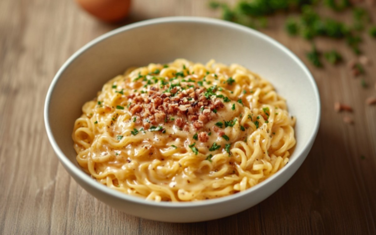 Eine SchÃ¼ssel Ramen Carbonara.