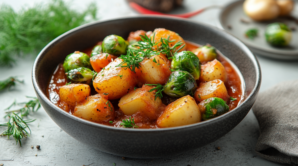 Eine SchÃ¼ssel Rosenkohl-Kartoffel-Gulasch garniert mit KrÃ¤utern.