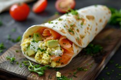 Rührei-Wrap mit Lachs und Avocado auf einem Brett