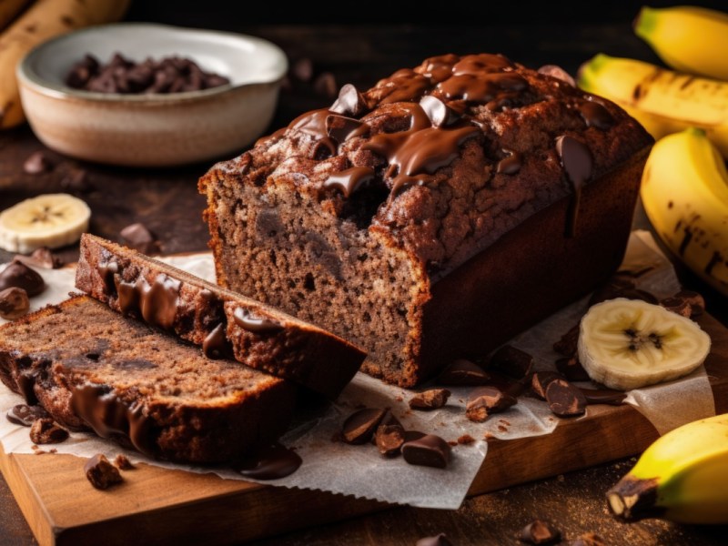 Ein angeschnittenes Schoko-Bananenbrot. Im Hintergrund sind Bananen und weitere Zutaten zu sehen.