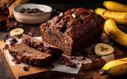 Ein angeschnittenes Schoko-Bananenbrot. Im Hintergrund sind Bananen und weitere Zutaten zu sehen.