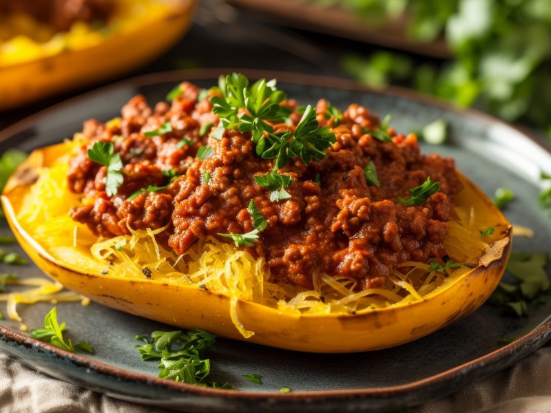 SpaghettikÃ¼rbis mit Bolognese-SoÃŸe auf einem Teller.