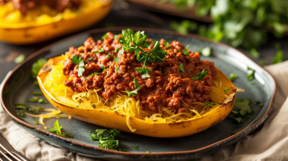 SpaghettikÃ¼rbis mit Bolognese-SoÃŸe auf einem Teller.