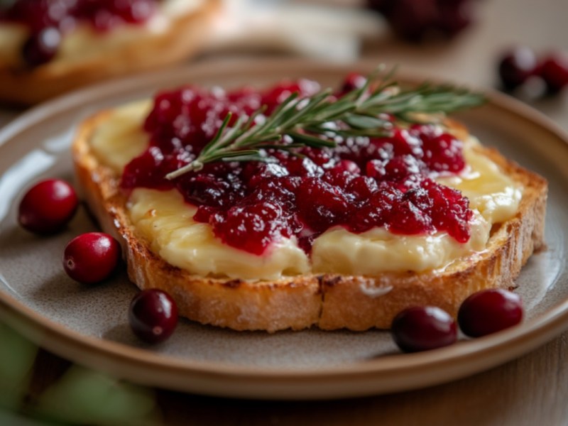 Ein Ã¼berbackenes Camembert-Toast mit Preiselbeermarmelade auf einem Teller.