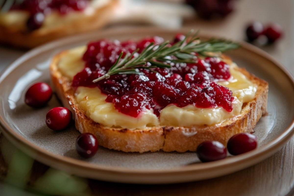 Ein überbackenes Camembert-Toast mit Preiselbeermarmelade auf einem Teller.