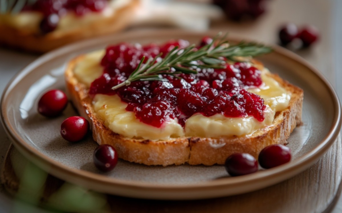 Ein Ã¼berbackenes Camembert-Toast mit Preiselbeermarmelade auf einem Teller.