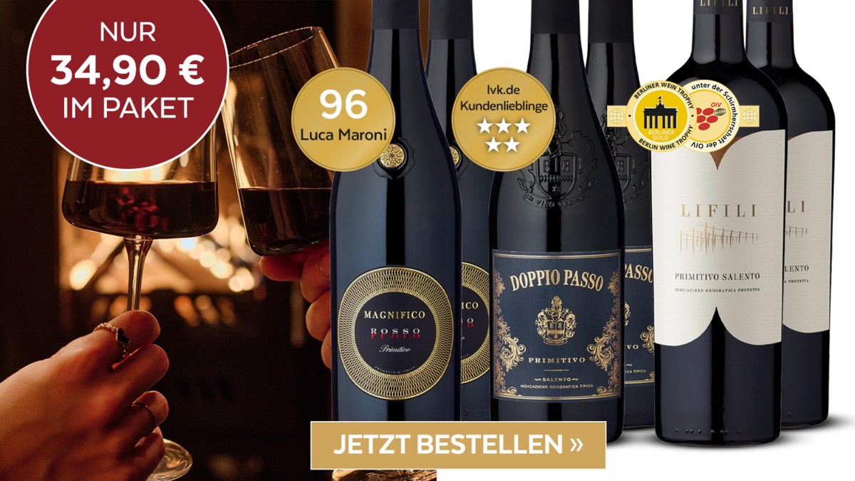 3 x 2 Flasschen Primitivo-Weine im 6er Probierpaket von Ludwig von Kapff für 34,90 €