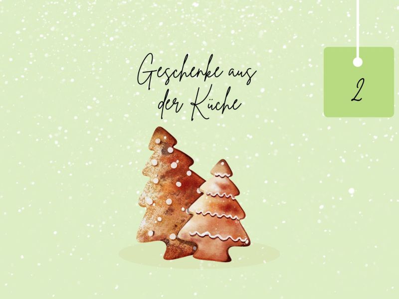 Plätzchen verschenken: Adventskalendertürchen mit Plätzchen in Tannenbaumform.