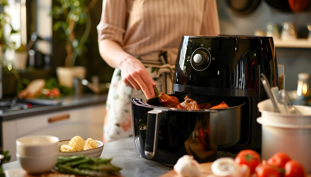 HeiÃŸluftfritteuse vorheizen: Eine Frau legt Zutaten in einen Airfryer.