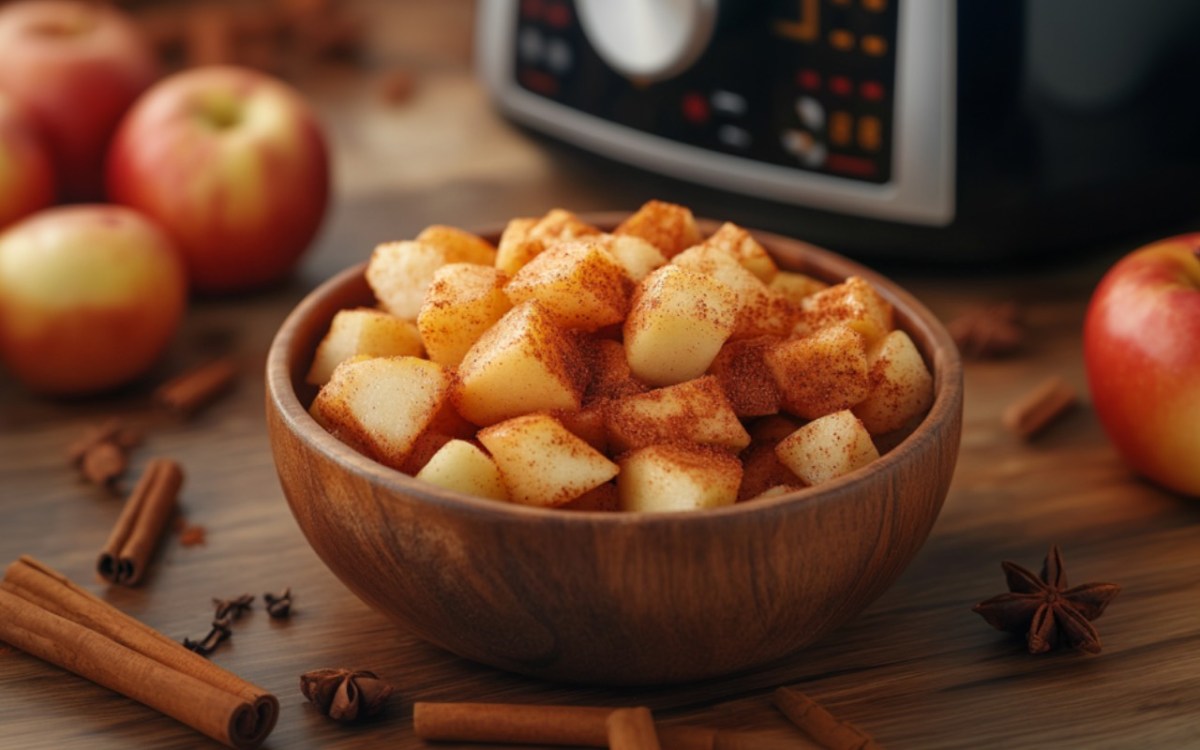 Ã„pfel aus dem Airfryer in einer SchÃ¼ssel. Im Hintergrund sind Ã„pfel und die HeiÃŸluftfritteuse zu sehen.