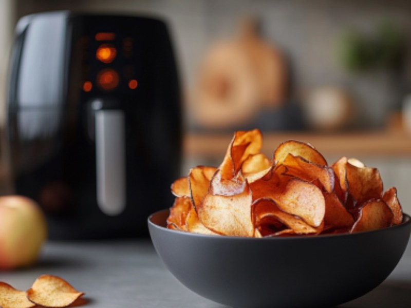 Apfelchips aus der Heißluftfritteuse in einer Schale. Im Hintergrund ist der Airfryer zu sehen.