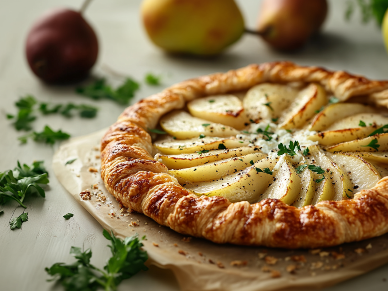 Birnen-Feta-Galette auf einem StÃ¼ck Backpapier