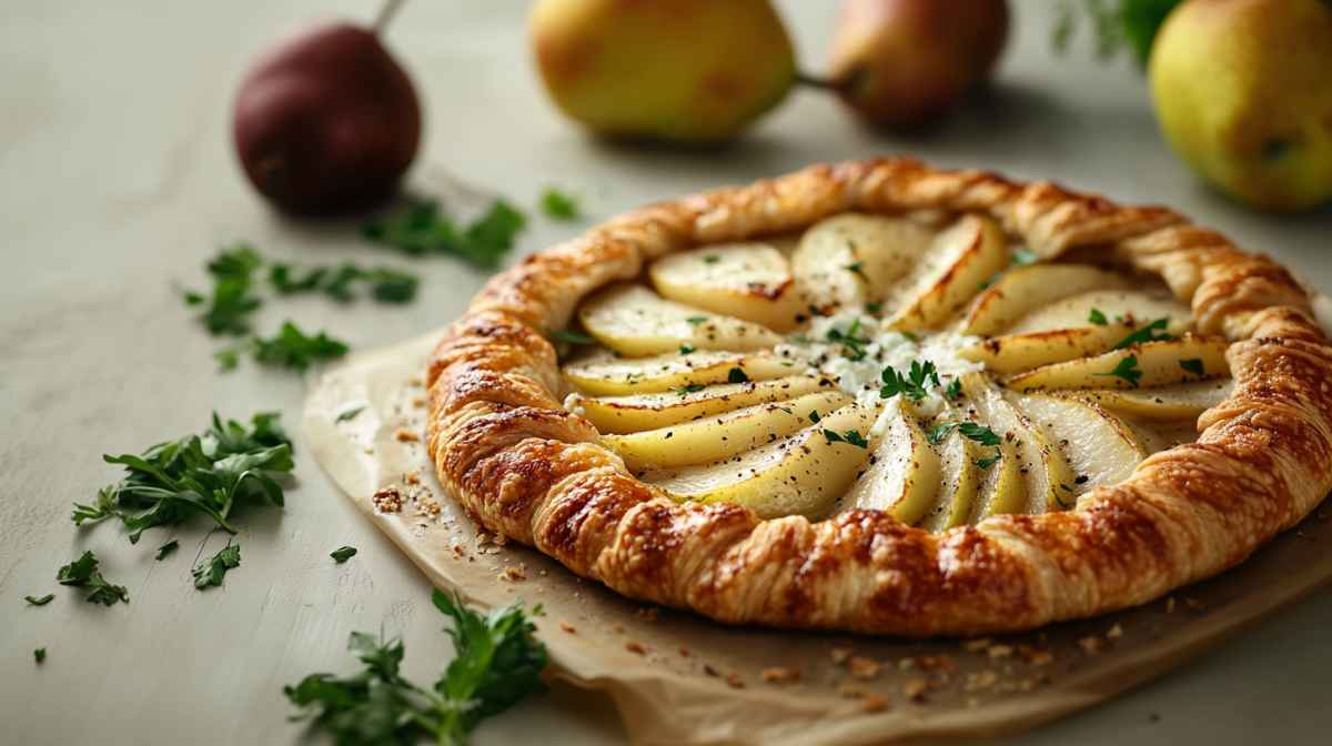 Birnen-Feta-Galette auf einem Stück Backpapier