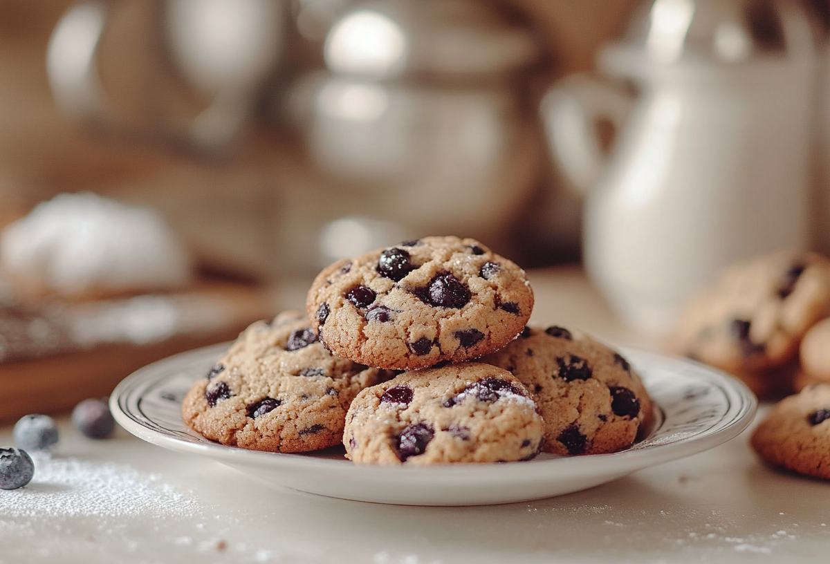 ein paar Blaubeer-Cookies auf einem Teller, im Hintergrund unscharf Backzutaten.