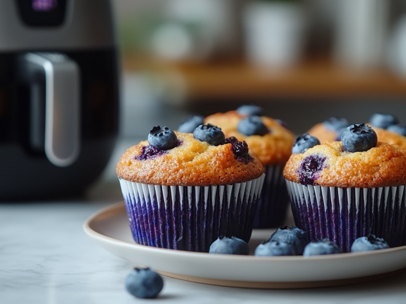 ein paar Blaubeermuffins aus der HeiÃŸluftfritteuse auf einem Teller, im Hintergrund unscharf eine solche Fritteuse.