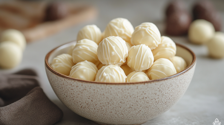 Eine Schüssel Bratapfel-Pralinen mit Schokolade verziert.