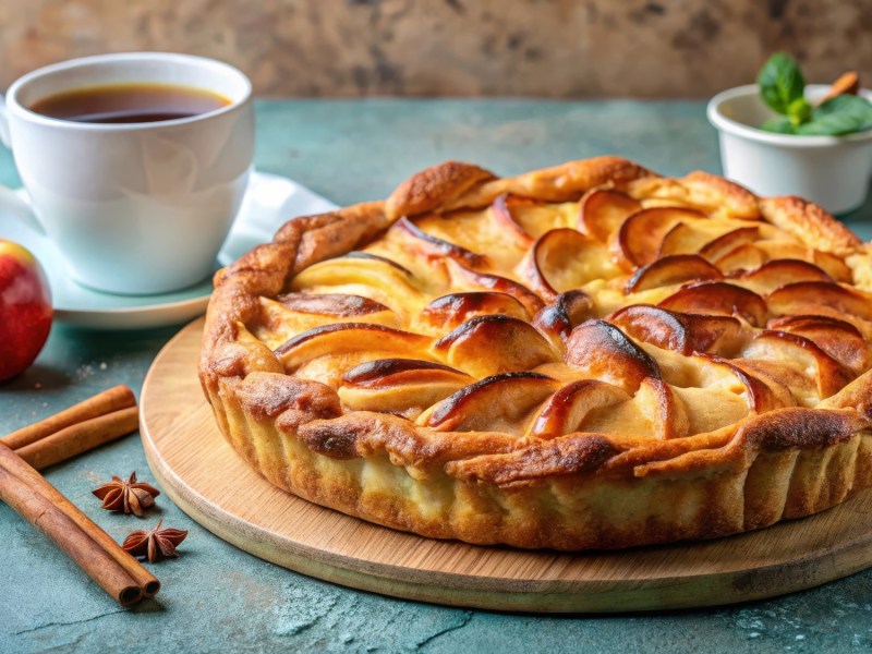 Bratapfel-Tarte auf einem Holzbrett. Daneben steht eine Tasse Tee, auÃŸerdem liegen dort Zimtstangen, Sternanis und ein Apfel.