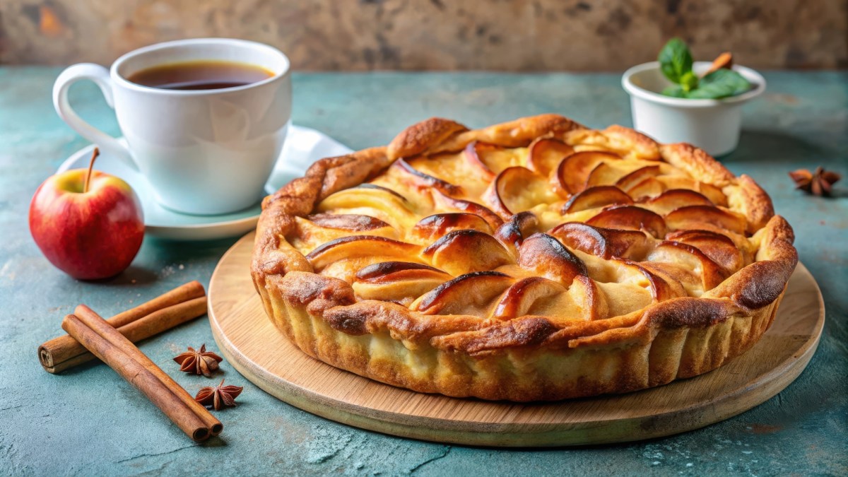 Bratapfel-Tarte auf einem Holzbrett. Daneben steht eine Tasse Tee, auÃŸerdem liegen dort Zimtstangen, Sternanis und ein Apfel.