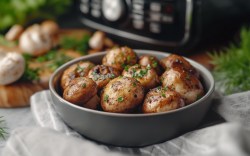 Champignons aus der Heißluftfritteuse in einer Schale. Im Hintergrund ist die Heißluftfritteuse zu sehen.