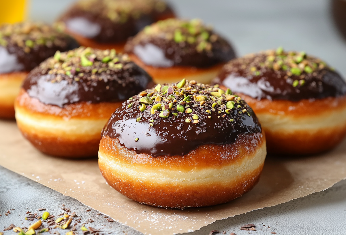 6 Dubai-Schokolade-Donuts mit Pistazien bestreut und Schokolade überzogen auf Backpapier.