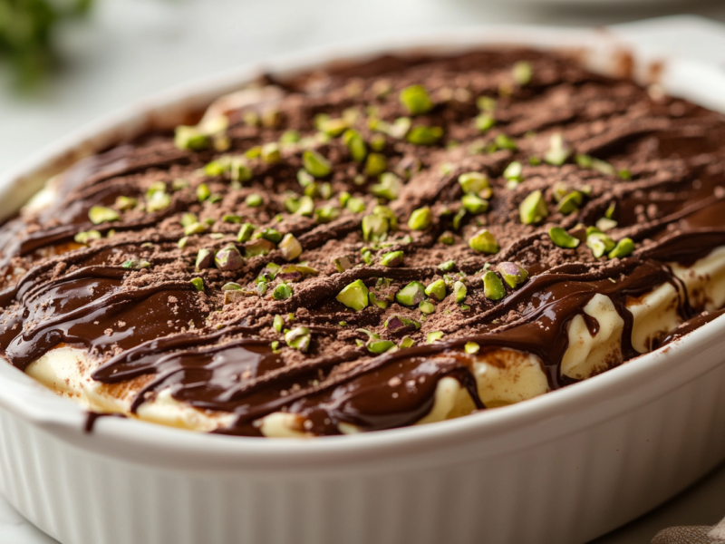 Dubai-Schokolade-Tiramisu in weiÃŸer ovaler Auflaufform, garniert mit Schokolade und Pistazien.