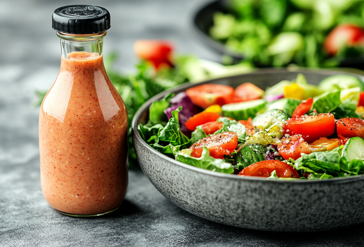 Eine Flasche French Dressing neben einer Schüssel mit Salat.