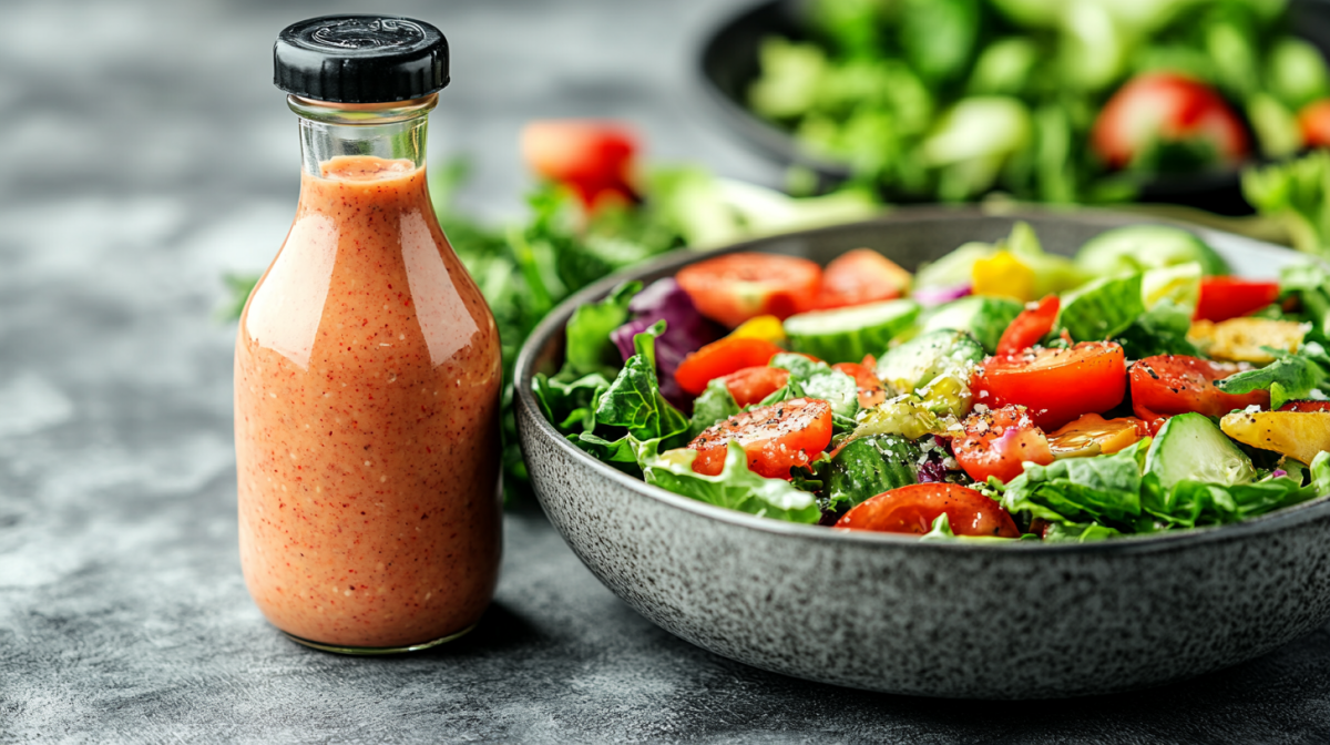 Eine Flasche French Dressing neben einer SchÃ¼ssel mit Salat.