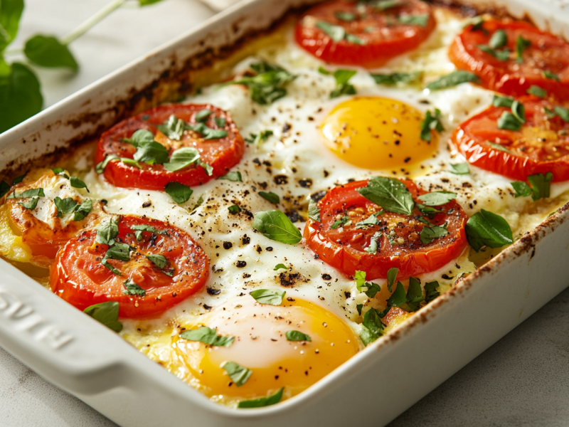 FrÃ¼hstÃ¼cksauflauf mit Feta, Ei und GemÃ¼se in weiÃŸer Auflaufform.