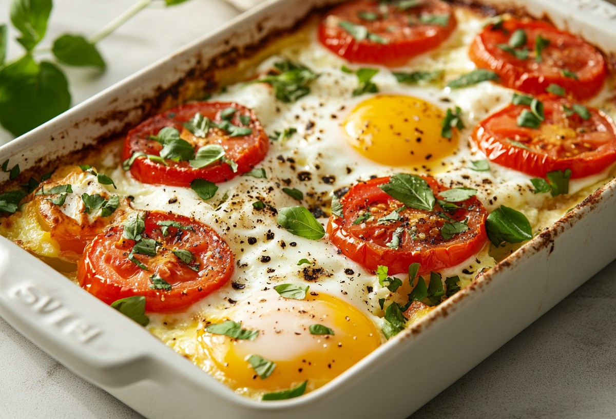 Frühstücksauflauf mit Feta, Ei und Gemüse in weißer Auflaufform.