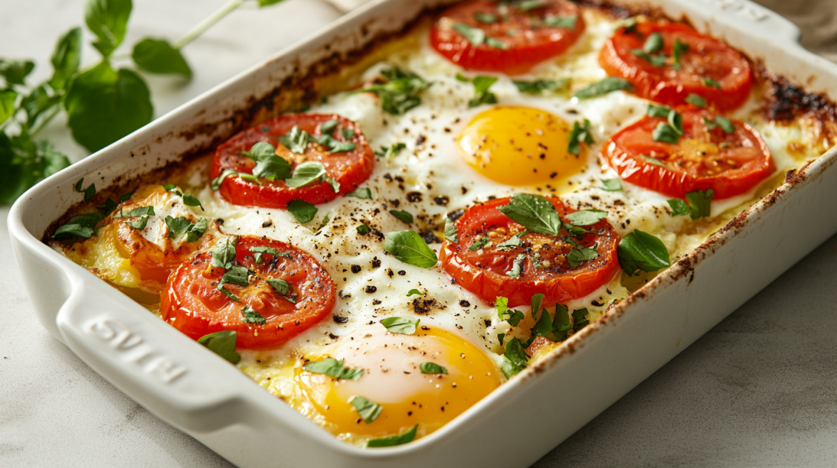 FrÃ¼hstÃ¼cksauflauf mit Feta, Ei und GemÃ¼se in weiÃŸer Auflaufform.