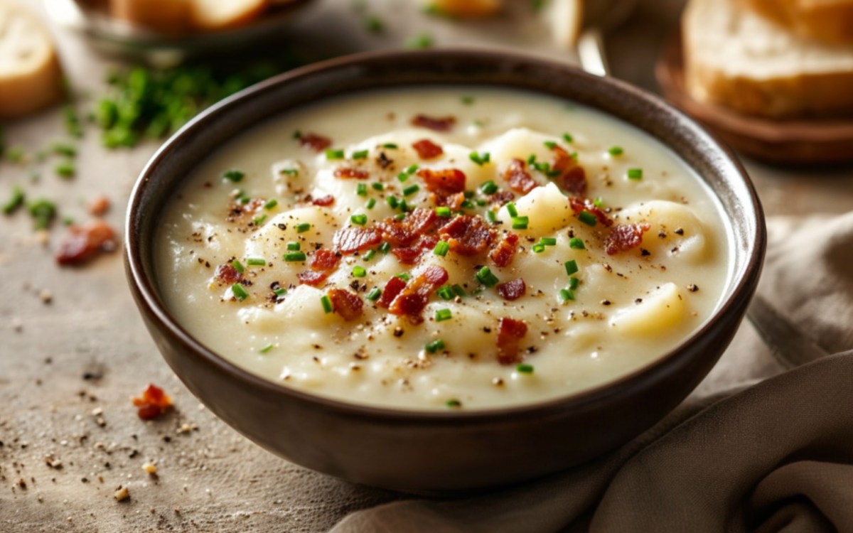 Eine SchÃ¼ssel gebackene Kartoffelsuppe mit Speck und Schnittlauch.