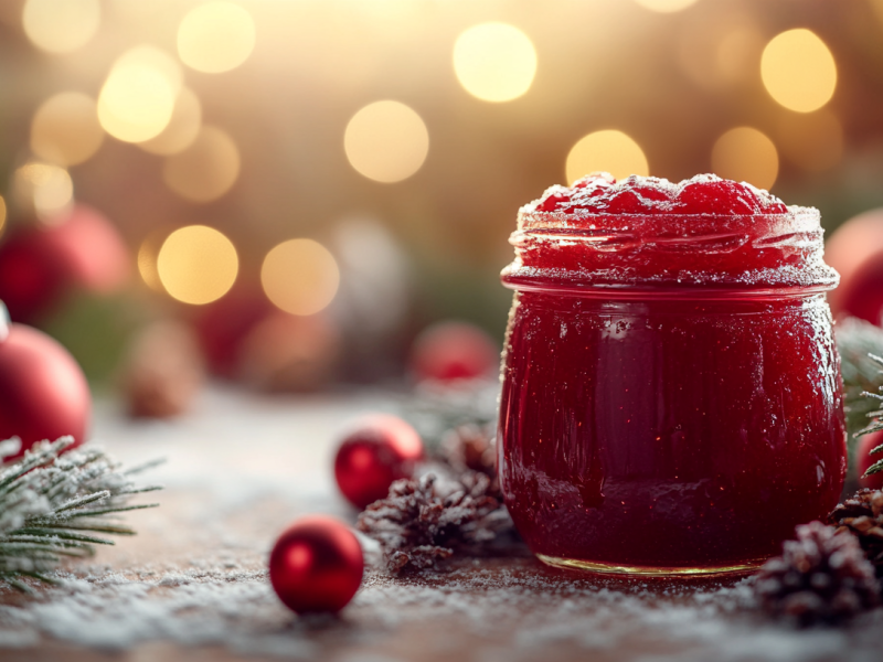 Ein Glas GlÃ¼hweinmarmelade vor weihnachtlichem Hintergrund mit Weihnachtsdeko drumherum.