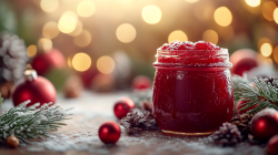 Ein Glas Glühweinmarmelade vor weihnachtlichem Hintergrund mit Weihnachtsdeko drumherum.